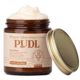 PUDL Whipped Beef Tallow Face Cream with Manuka Honey – Grass Fed Grass Finished Tallow Balm with Organic Jojoba & Olive Oil – Natural Face & Body Moisturizer for Sensitive Skin, Made in USA, 3 oz