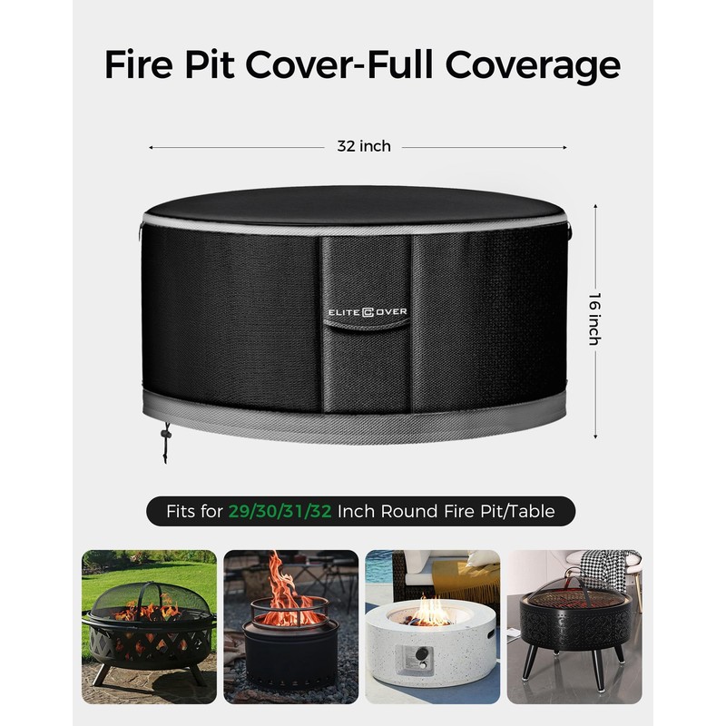 EliteCover Fire Pit Cover Round 32 Inch, 600D Heavy-Duty Waterproof