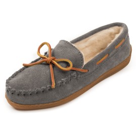 Minnetonka Womens Pile Lined Hardsole Moccasin, Charcoal, Size 6 Wide