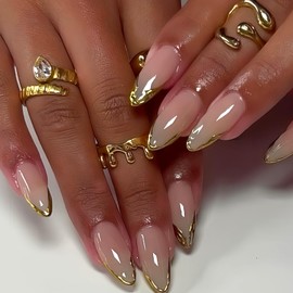 Gold French Tip Press on Nails Almond Long Length Artificial Acrylic Fake Nails Gold Stripes Design Nude Press Ons Glossy Stick on Nails Full Cover Reusable Coffin False Nail Glue on Nail for Women