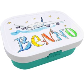 Brotdose mit Namen, Airbus Flugzeug, incl. Trennung und Gabel, Rosirosinchen (Mint)