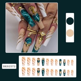 SUREGONAILS Long Square Press on Nails Green Smudge Fake Nails French Tip Glue on Nails Diamond 3d Heart Love Charm Design Acrylic Nails 24Pcs Squoval Stick on False Nails for Coquette Women Girls