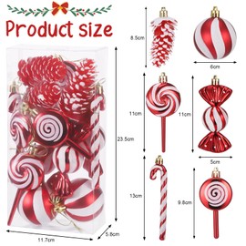 Zocipro 15Pcs Christmas Tree Decorations Glitter Candy Pine Cones Cane Lollipop Christmas Ball Hanging Ornaments with Rope, Christmas Baubles Ornaments for Xmas Home Decor (Red & White)