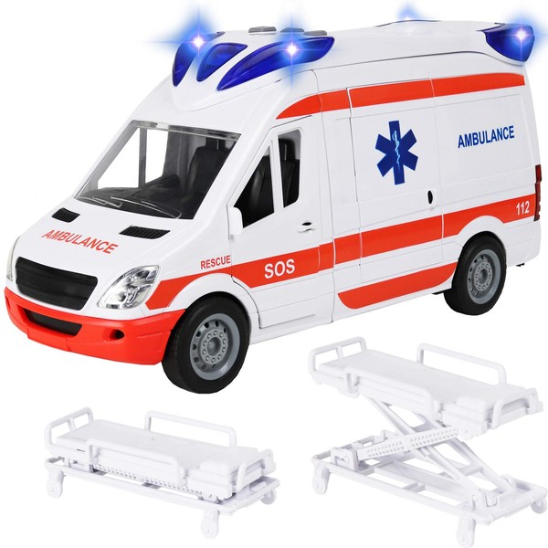 Kiddie Play Ambulance Toy with Lights and Sound Friction Powered Emergency & Rescue Vehicle Set Doors That Open and a Stretcher