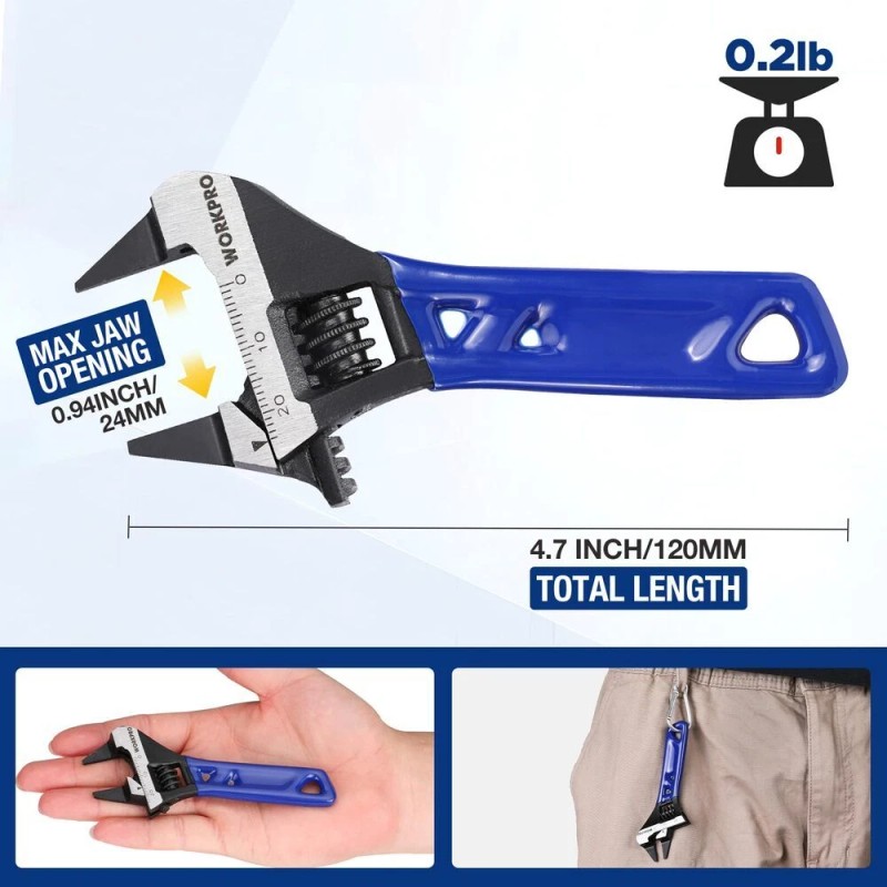 WORKPRO 4" Thin Jaws Stubby Wide Opening Adjustable Wrench w/2mm