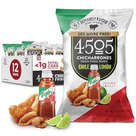 4505 Tajin Seasoned Chicharrones, Fried Pork Rinds - Chile Limon Mild Flavored Pork Skins - Low Carb, Gluten-Free, Protein Snack - 2.7oz (Pack of 12)