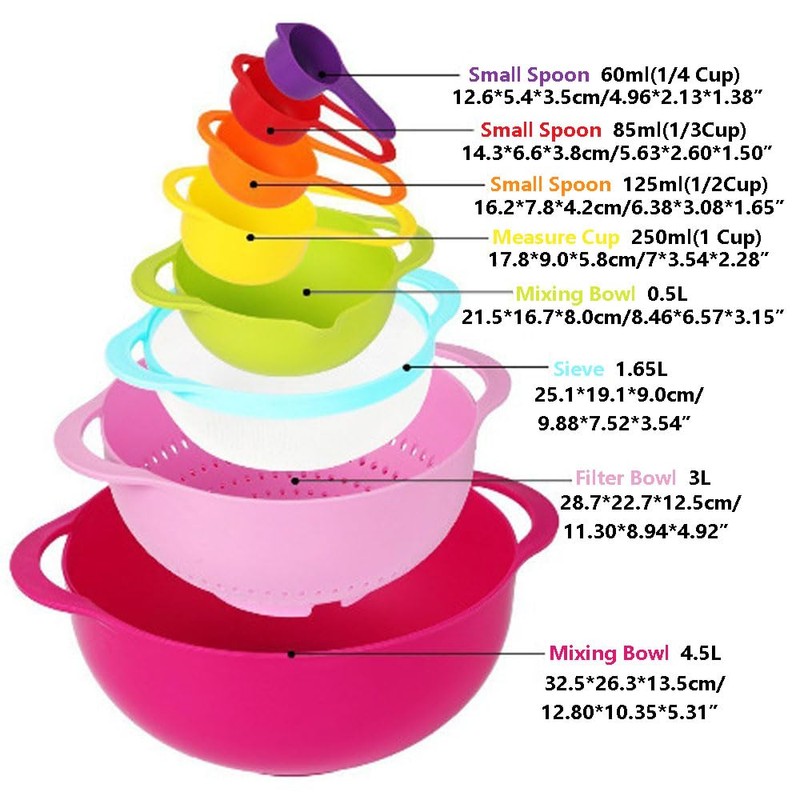 10Pcs Nesting Bowls Sets, Colorful Plastic Mixing Bowl with Sieve,