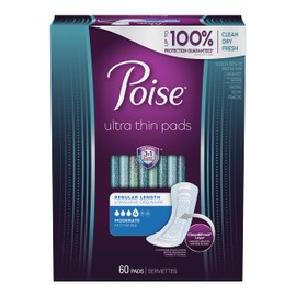 Poise Ultra Thin Incontinence Pads for Women, Bladder Leakage & Postpartum Pads, Moderate Absorbency, Regular Length, 60ct