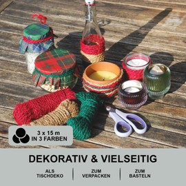 deli4you Christmas Decoration Ribbon Decorative Cord Craft Cord in Christmas Colours Red Green Brown Advent Decoration Natural Fibre 3.5 mm 3 x 15 m