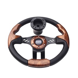Huskey Trooper Woodgrain Steering Wheel Compatible with Yamaha Gas Electric Golf Carts/Black Spokes Carbon Fiber Texture Grip W/Matte Black Hub Adapter 5/6 Holes Pattern