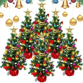 Meooeck 6 Pack 24" Tabletop Small Christmas Trees with Lights Thick Preilt Christmas Tree MIni Artificial Xmas Tree Balls Red Berries Pine Cone Bell Bow Tie Battery Operated for Indoor Home Decoration