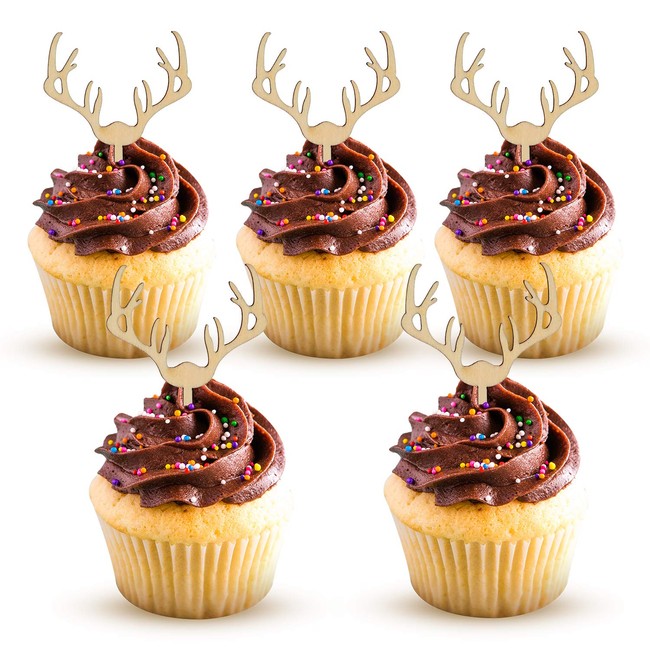 AUMIO Deer Cupcake Toppers Wooden Baby Shower Woodland Antler Cake Picks Party Decorations Wedding Hunting Boho Rustic Country Birthday Party Supplies Set of 24