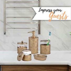 Autumn Alley Gold Bathroom Accessories 5 Piece Champagne Gold Modern Decor - Soap Dispenser, Toothbrush Holder, 2 Apothecary Jars, Soap Holder, Modern Farmhouse Bathroom Gold Décor