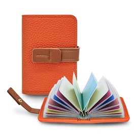 FuninCrea Women's Card Holder with 22 Independent Card Sleeves Made of Faux Leather Small Wallet Women's Business Cards Storage Compact Card Holder ID with Snap, orange, Contemporary