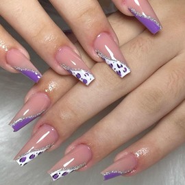 Coffin Press on Nails Medium Fake Nails White Purple French Tip Acrylic Nails Glossy Glue on Nails Cute Fals Nails with Silver Glitter Purple Leopard Print Designs Pink Stick on Nails for Women 24Pcs