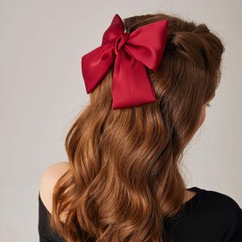 Jugielu Vintage Large Satin Bow Hair Barrette Red Satin Bowknot Hair Clips Big Bow Hair Clips Silk Ribbion Bow Hair Accessories for Women Headdress