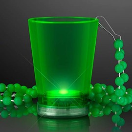 FlashingBlinkyLights Light Up Green Shot Glass on Party Bead Necklaces (Set of 12)