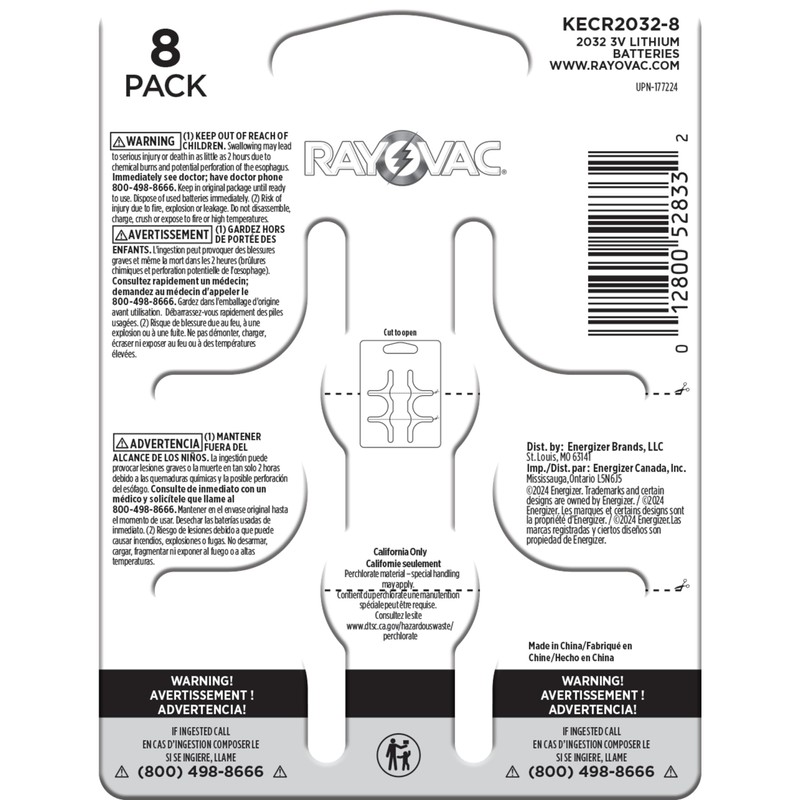 Rayovac Lithium Coin Cell Batteries Size 2032 3V, 8 Pack