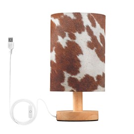 Oarencol Bedside Table Lamp White Brown Cow Print Nightstand Lamp with Wood Animal Skin Desk Lamps for Bedroom Living Room Nursery Office Home Decor