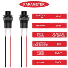 MKBKLLJY 6Pcs Self-locking Push Button Switch 12mm AC 250V/1.5A 125V/3A 2Pin Black Latching Round ON Off Switch with Terminal Wires and Wiring Cap for Car Boat Truck DIY Model PC Table Lamp