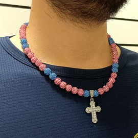 Baseball Necklace for Men Boys 18 Inch Bling Ice Collection Cross Pendant Necklace for Women Rhinestone Clay Beaded Discoball Baseball Accessories Gifts for Baseball Team Players Lovers-Pink/Blue