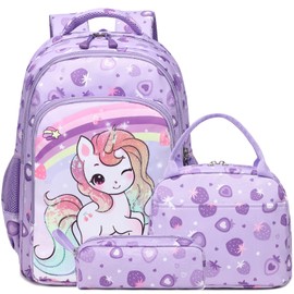 Kimwadalh Girls Unicorn Backpack, 3PCS Sequin Unicorn Backpack with Lunch Bag Pencil Case Large Capacity School Bookbag with Reflective Straps