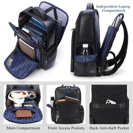 Masa Kawa Black Leather Business Travel Laptop Backpack for Men Fits 15.6" 16" Computer Office Work Commuting Executive Bag Waterproof Daypack