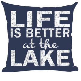 Ramirar Word Art Quote Life is Better at The Lake Retro Blue Background Summer Decorative Throw Pillow Cover Case Cushion Home Living Room Bed Sofa Car Cotton Linen Square 18 x 18 Inches