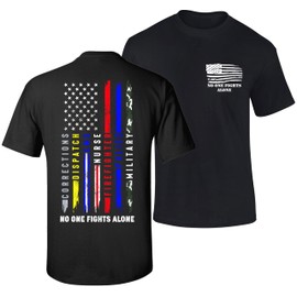 No One Fights Alone Police Firefighter EMT Corrections Patriot Apparel T-Shirt Tee Men's Fit (US, Alpha, X-Large, Regular, Regular, Black)