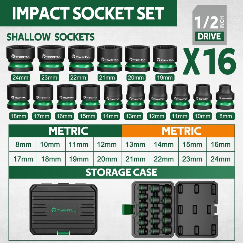 TIWINTUL 1/2" Drive Shallow Impact Socket Set, 8-24mm, Metric, CR-MO,