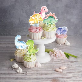 48Pcs Edible Cupcake Toppers Wafer Paper Watercolor Dinosaurs Cake Topper Picks for Dinosaur Theme Baby Shower Kids Boys Girl Dinosaur Theme Birthday Party Decorations
