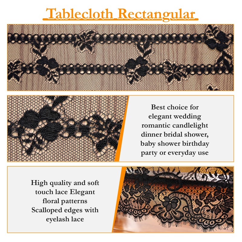 Ziweidue 60x120-Inch Black Lace Tablecloth – Elegant Bridal Tulle Rectangle
