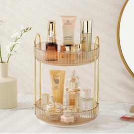 ROWNYEON Rotating Makeup Organizer,Makeup Organizers And Storage,2 Tier Skincare Organizer Spinning For Countertop |9 Inch | Gold | Round
