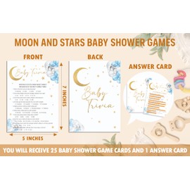 QUDNCR Baby Trivia Game Cards, Moon and Stars Baby Shower Games Card, Over The Moon Gender Reveal Games Set, 25 Twinkle Star Game Cards & 1 Answer Key for Baby Shower Party, 02