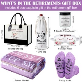 Marsui 6 Pcs Retirement Gifts for Women 2024 Retired Gifts Basket Includes Blanket Wine Bag Novelty Sock Scented Candles Silk Blindfold Tote Bag for Retirees Teachers Coworker Nurses Mom Grandma