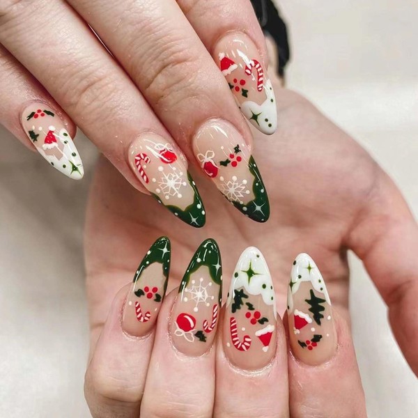 Christmas Press on Nails Almond French Tip Fake Nails Medium