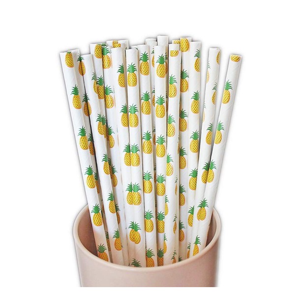 50-Pack Biodegradable Paper Drinking Straws for Party Supplies Bridal/Baby Shower Wedding Decorations, Bulk Paper Straws for Juices, Shakes, Smoothies, Pineapple Theme
