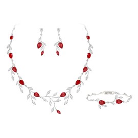 EVER FAITH Wedding Jewellery for Bride, Ladies, Bridesmaid, Cubic Zirconia, Pear-Shaped Birthstone Leaf Necklace, Bracelet, Earrings Set for Pro, Cubic Zirconia, Cubic Zirconia