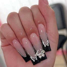 SINHOT French Tip Press on Nails Long Coffin Fake Nails 3D Butterfly Acrylic Nails Glossy Glue on Nails Black Ballerina Artificial Nails Stick on False Nails with Design 24 pcs