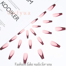 Outyua French Extra Long Press on Nails Glossy Coffin Fake Nails V Shape Super Long False Nails Acrylic Ballerina Full Cover Nails 20Pcs for Woemen and Girls (Wine Red)