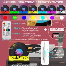 Fanrui Now Playing Light Up Vinyl Record Holder | 7 Colors Change LED Tabletop Record Storage | Glowing Solid Wood Music Album Display with Remote & Dimmer | Vinyl LP Recors Storage Shelf Gifts