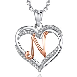 INFUSEU Name Necklace, Double Heart Rose Gold N Letter Jewellery Alphabet Pendant Cubic Zirconia CZ Romantic Gifts For Women Girlfriend Girls
