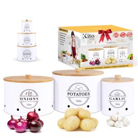 Kito LIVING Canisters Sets for Kitchen Counter Storage and Organization with Wooden Bamboo Lids, Food Pantry Containers, Stackable Steel Storage Bins, Potato Storage Onion Keeper Garlic - White