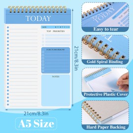 2 Pack To Do List Notebook, Undated Daily Planner A5 Spiral 52 Sheets/104 Page To Do List Pad with Protective Cover for Work Study and Personal Oraganizer（Pink+Blue）