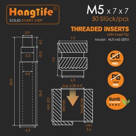 HANGLIFE M5 Heat-Set Threaded Inserts with Insert Tip, Heat Set Insert for 3D Printing Components and Plastic Parts with Soldering Iron Press Tool - Brass Metric Knurled Nuts (50 Pieces)