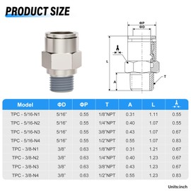 Tailonz Pneumatic Male Straight 5/16 Inch Tube OD x 1/4 Inch NPT Thread Push to Connect Fittings Copper Nickel Plating TPC-5/16-N2 (Pack of 10)