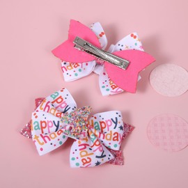 4" Glitter Happy Birthday Hair Bow Clips for Girls Ages 1-6, Pink Ribbon Cheer Bow Barrettes Alligator Hairpins, Confetti Ice Cream Party Dress Accessories, Her 4th Birthday Gift