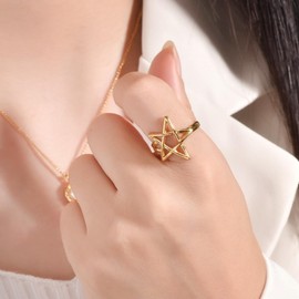 Niaspi Minimalist Star Wrap Open Band Finger Ring for Women Men Unisex Stainless Steel Adjustable Statement Pentacle Celtic Knot Engagement Comfort Fit Stackable Knucle Ring Jewelry (Gold)