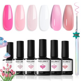 Modelones Gel Nail Polish Set, 6 Colors Light/Hot/Nude Pink Jelly Gel Nail Polish White Summer Bright Nail Polish Kit with Nail Art Liner Brush Soak Off French Manicure DIY Salon Gifts