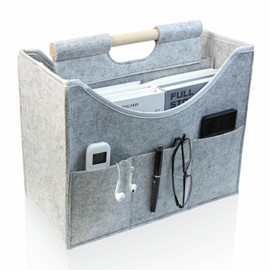 Foldable magazine storage basket, solid wood handle felt organizer, can store magazines, newspapers, laptops, glasses, phones and other items, suitable for home or office storage of(light gray)